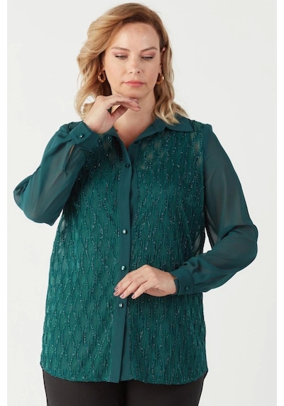 Moda Berray 3211 Simli Jakarlı Şifon Büyük Beden Şık Gömlek Yeşil Yeşil