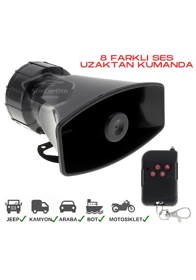 Her Araca Uyumlu Üniversal Uzaktan Kumandalı Siren 8 Farklı Siren Sesi Korna Güçlü Polis Sireni 12v 100w 00