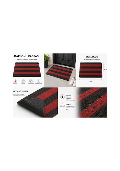 Delta Cc004a Kırmızı Siyah Kaymaz Taban Nem Alıcı Toz Alıcı Kapı Önü Paspası Uv Dayanıklı 45x70 Cm