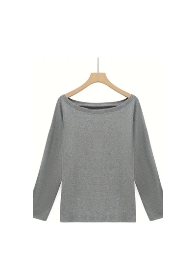 Cool Tarz Gri Kadın Düşük Omuz Kayık Yaka Oversize Uzun Kollu T-shirt Gri Gri