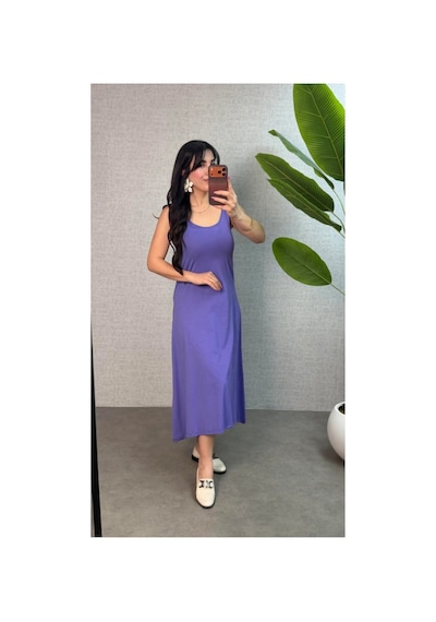 Butik İstanbul Kadın Askılı Yuvarlak Yaka Süprem Kumaş Elbise Lila