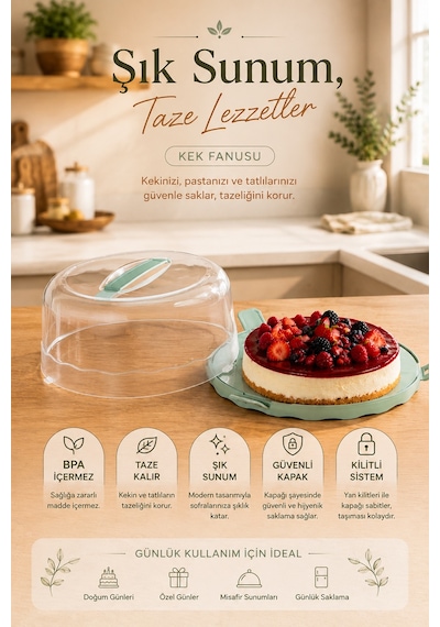 Porsima L-00501-2 Kilitli Kulplu Yuvarlak Kek Ve Pasta Taşıma Fanusu 26 Cm Turkuaz / Su Yeşili