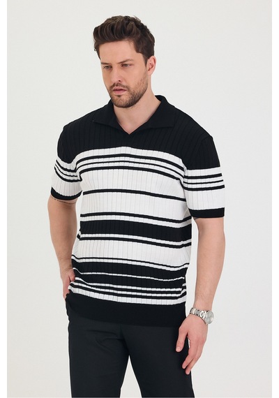 Cool Tarz Erkek Polo Siyah Beyaz Çizgi Detaylı Triko T-shirt Siyah Siyah