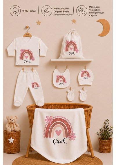 Pia Baby Kız Bebek Hastane Çıkışı 8 Parça %100 Pamuk İsimli Organik Baskılı Kese Hediye Zıbın Seti 1003zybk3x Krem