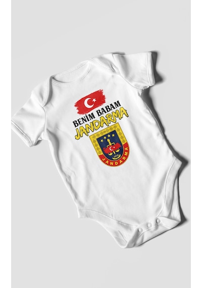 Morivokids Benim Babam Jandarma Kısa Kollu Bebek Body %100 Pamuk Beyaz