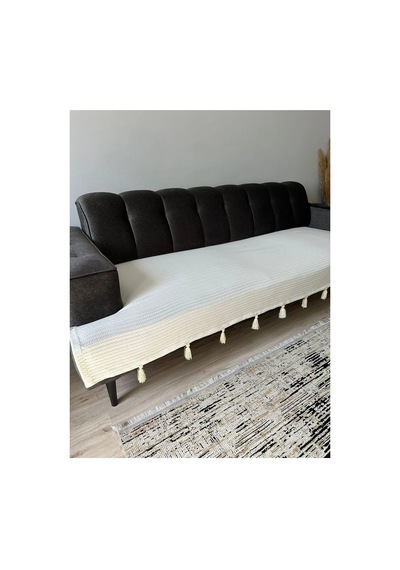 Püsküllü Şal Model Koltuk Örtüsü Ekru 100x230 %100 Pamuk Örme, Kaymaz, Dekoratif Ev Tekstili Ekru Ekru