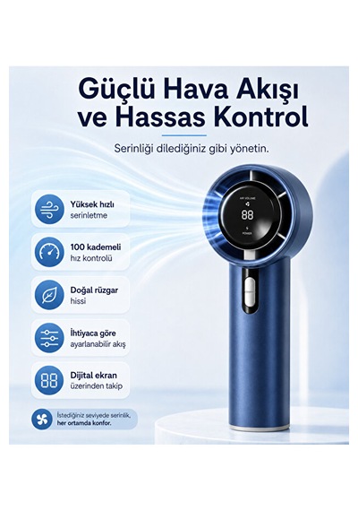 100 Kademeli Dijital Göstergeli Şarjlı El Fanı Mavi Taşınabilir Yüksek Hızlı Mini Lacivert