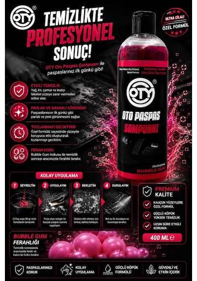 Oto Paspas Şampuanı 400 Ml Bubble Gum Kokulu Kauçuk Paspas Temizleyici, Parlatıcı Ve Bakım Şampuanı İng Versiyon