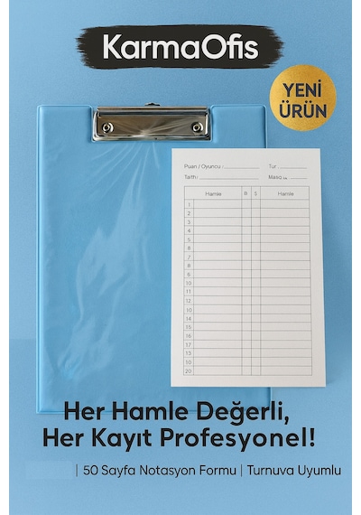 Satranç Notasyonlu Sekreterlik Seti 17x24 Cm 50 Sayfa Hamle Kayıt Formu Açık Mavi
