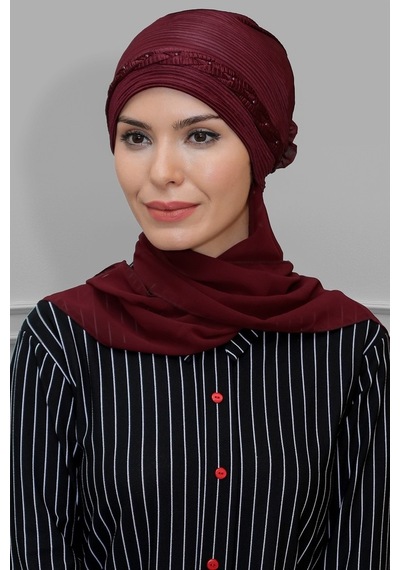 Hürrem Bone Bordo Pratik Hazır Geçmeli Tesettür Bone Fukuro Piliseli Örgülü Ş Bordo