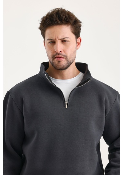Genius Store Unisex Sweatshirt Rahat Kesim Pamuklu Içi Polarlı Yarım Fermuarlı Dik Yaka Sweatshirt Füme