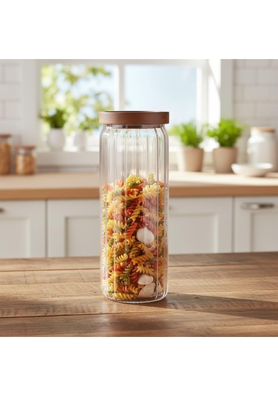 Akasya Kapaklı Uzun Çizgili Cam Kavanoz 1250 Ml Hava Geçirmez, Modern Fitilli Tasarım Gıda Saklama Kabı Makarna, Bakliyat, Kahve Ve Çay Kavanozu 9x25 Cm Çok Renkli