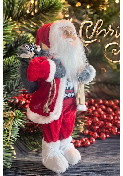 Yılbaşı Süsü Noel Baba Biblo Figür Büyük Boy 45cm -kayakları, Hediye Çuvalı Ve Aksesuarları İle 45