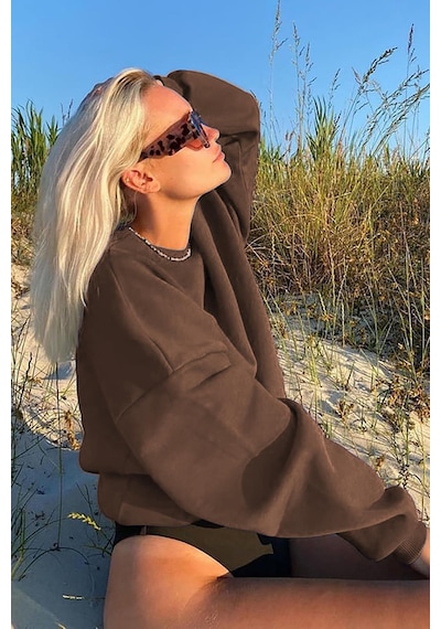 Madmext Kahverengi Bisiklet Yaka Basic Sweatshirt Mg1559 Kahverengi