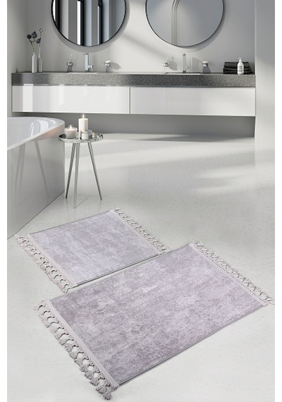 Nova Gri 2'li Köşeli Ponpon Saçaklı Banyo Halısı 60 x 100 + 50 x 60 Gri