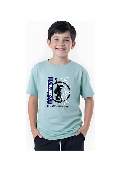 Panios Kids Baskılı Erkek Çocuk Kısa Kollu Yuvarlak Yaka T-shirt Mint Yeşili