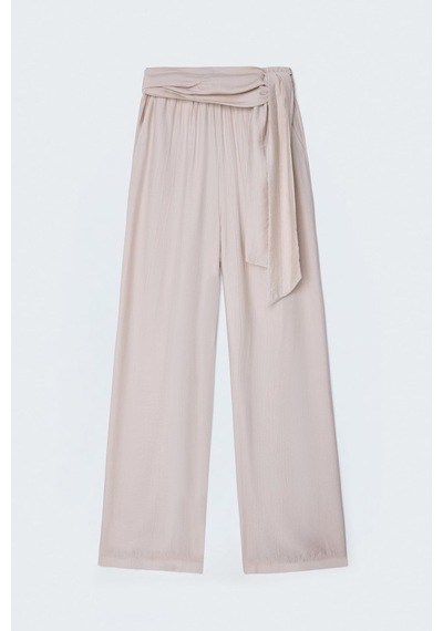 Sateen Kuşaklı Pantolon - Taş-137700