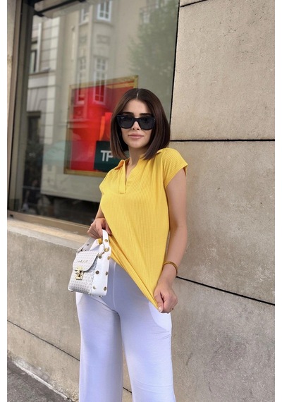 Sarı Polo Yaka, Kısa Kol, Fitilli Kaşkorşe Kumaş, Basic Kalıp/kesim, Spor Ve Günlük Bluz & T-shirt Sari