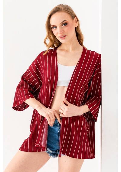 Giysa Kadın Yarım Kol Çizgili Bürümcük Kimono Bordo - 254406 Bordo