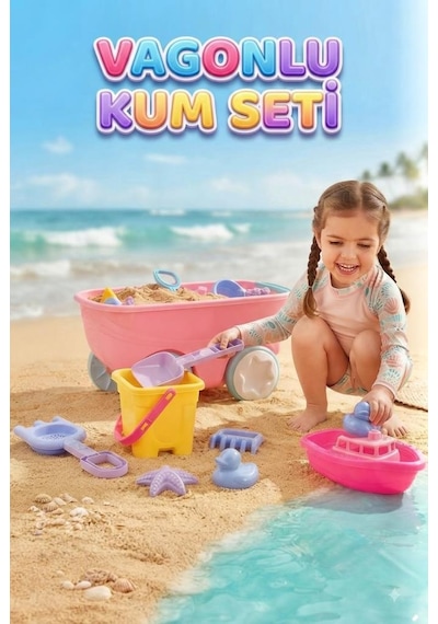Çekçek Vagonlu Kum Seti - Plajda Eğlenceye Hazır Ol 6 Parça Eğitici Renkli Kum Oyun Seti Pembe
