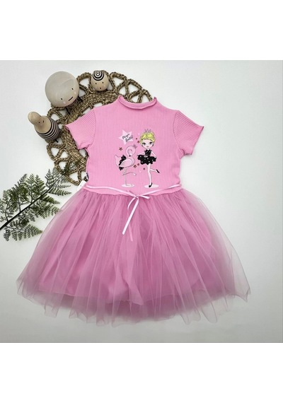 Alfa Expres 5-6-7 Yaş Flamingo Balerin Kız Baskılı Kurdela Kuşaklı Astarlı Kız Çocuk Tütü Elbise Pembe Pembe