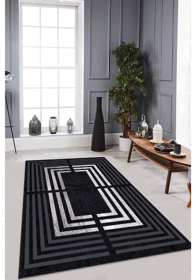 Gri Çerçeveli Kaymaz Tabanlı Makinede Yıkanabilir Halı Rv093n11