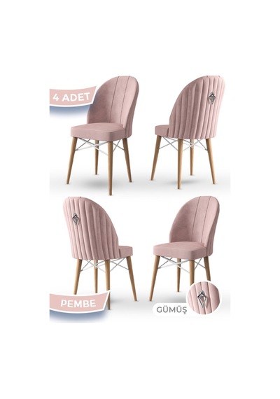 Canisa Ritim Serisi 4 Adet Pembe Sandalye 1.sınıf Babyface Ithal Kumaş Doğal Ahşap Ayak Gümüş Halkalı Sandalye Pembe Ayaklar Doğal Ahşap