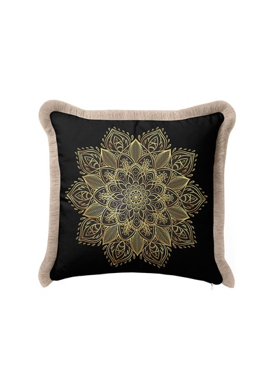 Mandala Motifli Saçaklı Yastık Kılıfı - Lüks Bohem Siyah Altın Renkli Püsküllü Kırlent Kılıfı Yosunlu Koyu Gri Mandala Motifli Saçaklı Yastık Kılıfı - Lüks Bohem Siyah Altın Renkli Püsküllü Kırlent Kılıfı Yosunlu Koyu Gri