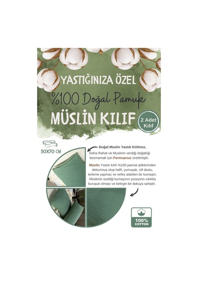 Haki Yeşili 4 Katlı Müslin Yastık Kılıfı 50x70cm 2adet