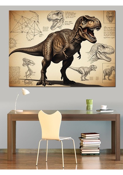 Dinozor T-rex Teknik Çizim Dekoratif Kanvas - Mdf Ahşap Tablo