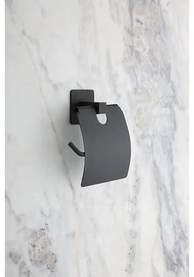 Kare Siyah Yapışkanlı Tuvalet Kağıtlığı, Modern Tasarım 16.5 x 12.2 x 11.2 CM