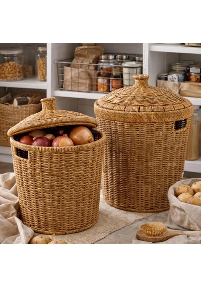 Ayrex Kapaklı Rattan Patates Soğan Saklama Sepeti 2'li Set Kiler/mutfak Organizer, Doğal Hasır Görünüm 27 2 Genel