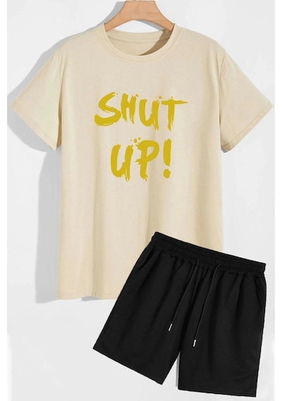 Uyguntarz Shut Up Şort T-shirt Eşofman Takımı Bej