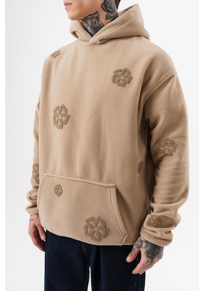 Respire Erkek Süzene Nakış Detaylı Kapüşonlu Oversize Polar Hoodie Bej