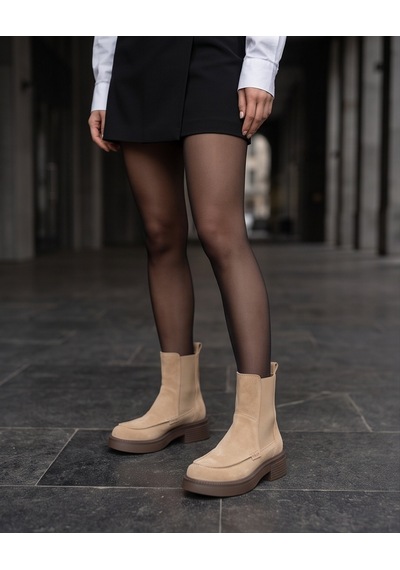 Futsishoes Freya Camel Hakiki Süet Deri Lastikli Kalın Taban Günlük Şık Kadın Bot