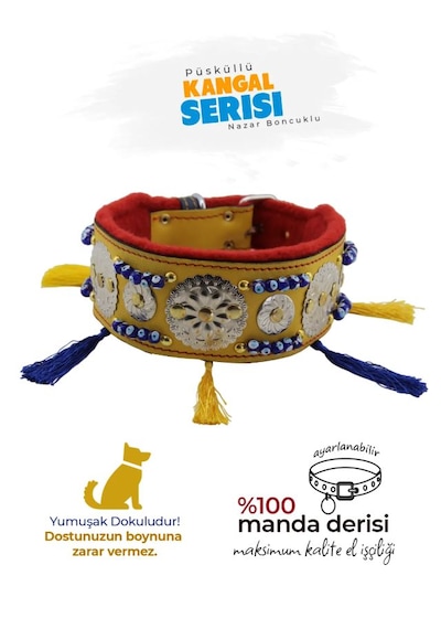 Kangal Malaklı Akbaş Püsküllü Deri Boyun Tasması Sarı