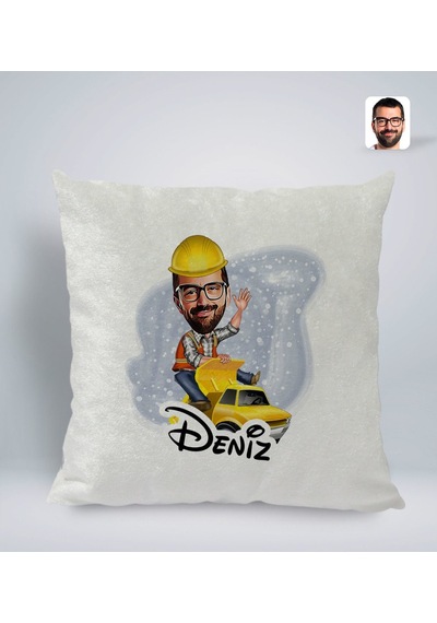 Bk Gift Kişiye Özel İsimli Erkek Yol Mühendisi Karikatürlü Kare Araç Koltuk Yastığı-1 Çok Renkli