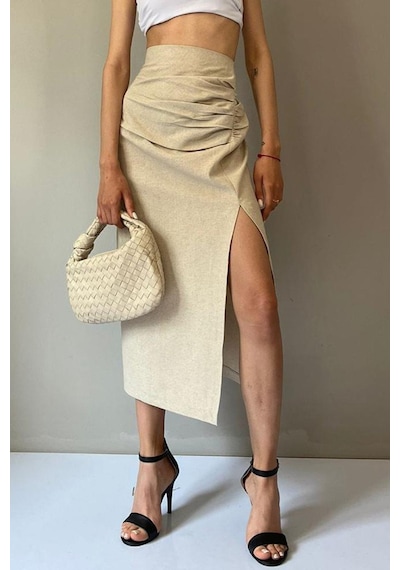 Madmext Bej Basic Midi Boy Büzgülü Keten Etek Mg1540