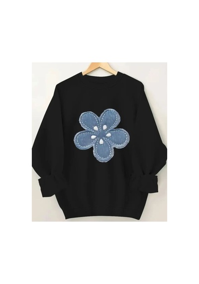Herkesemoda Çiçek Baskı Detaylı Bisiklet Yaka Sweatshirt Siyah