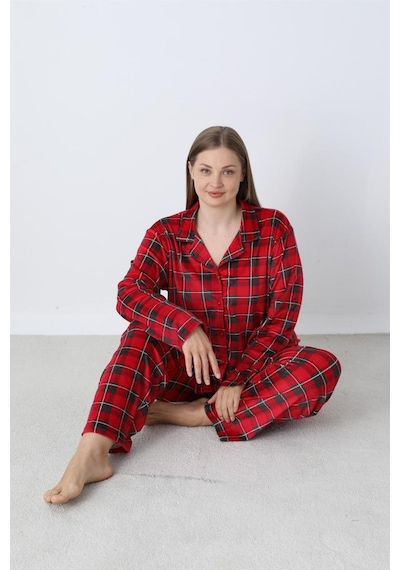 Battal Estiva Kareli Önden Düğmeli Kadife Bayan Pijama Takım Bordo