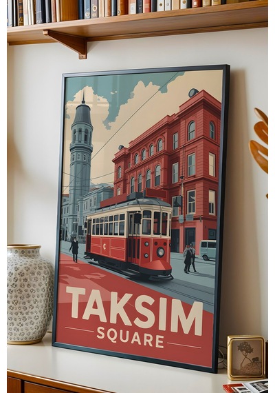 Taksim Meydanı Tablo - Nostaljik İstanbul Posteri - Retro Tramvay Duvar Dekoru - Şehir Tablosu Siyah