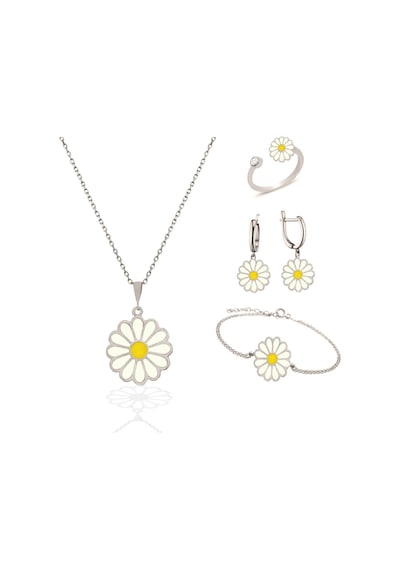 Brezza Lusso Jewelry 925 Ayar Gümüş Papatya Model Kolye Yüzük Küpe Bileklik Kadın Set