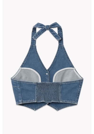 Blue White Kadın Düğmeli Bağlamalı Crop Jean Büstiyer Açık Mavi