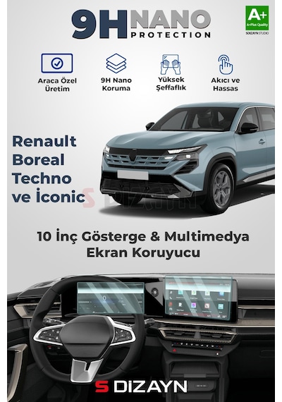 S-dizayn Renault Boreal Techno Ve İconic 9h Nano 10 İnç Gösterge Ve Multimedya Ekran Koruyucu 2'li Set Parlak 2025 Üzeri A+ Kalite