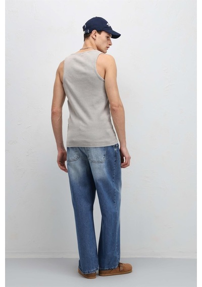 Vamos Pileli Zincir Detaylı Baggy Jean Mavi