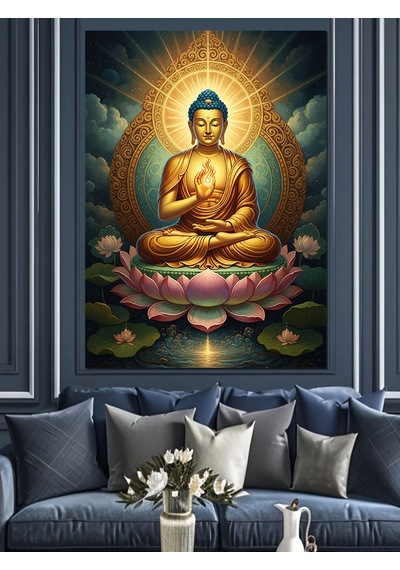 Ahşap Tablo Lotus Çiçeği Üzerinde Oturan Buda