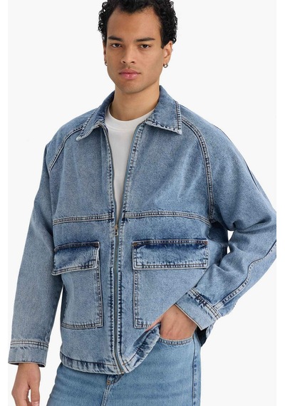 Defacto Relax Fit Fermuarlı Denim Ceket F0097ax25aunm39 Mavi