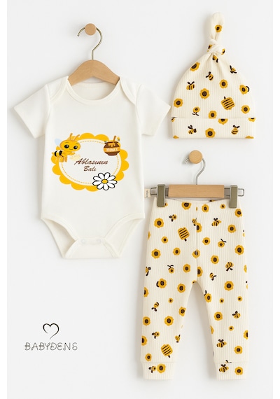 Babyden's Ablasının Balı Yazılı 3 Lü Bebek Takımı Kısa Kollu Çıtçıtlı Body, Arı Desenli Fitilli Pantolon, Bere Unisex Ekru