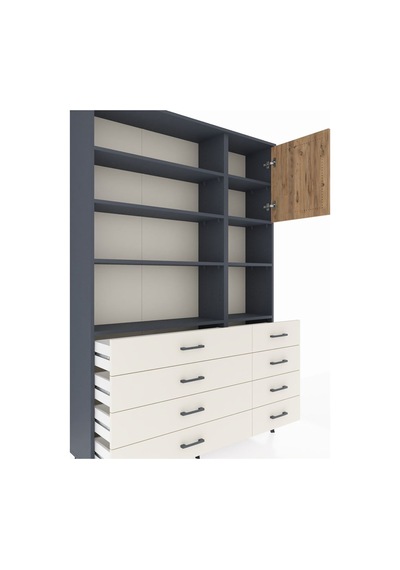 Arges Dolap 8 Raflı 8 Çekmeceli Tek Kapaklı 132x30x195 Antra... Antrasit