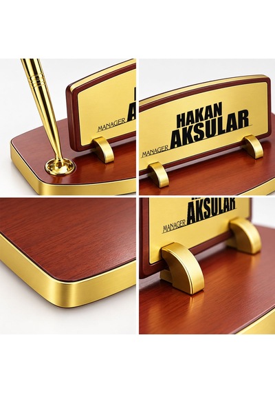 Bk Gift Kişiye Özel Kalemli Ahşap Masa İsimliği Gold Plakalı Bk26 -5 Çok Renkli